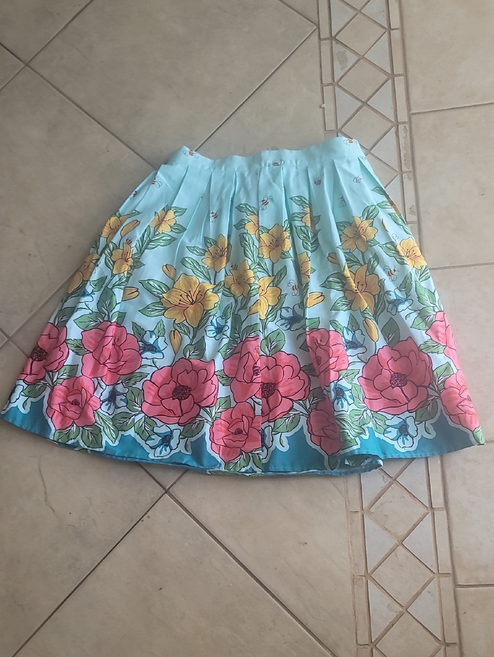 Floral Spring Skirt in Blue with Pink & Yellow Flowers Tea/ Garden Party SZ M